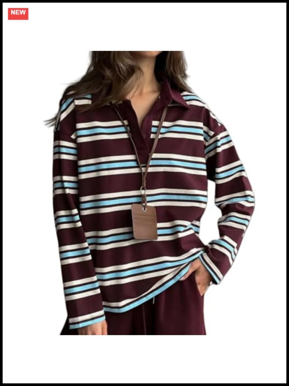 Women's Rugby Stripe Polo Shirt Cotton Blend Long Sleeve